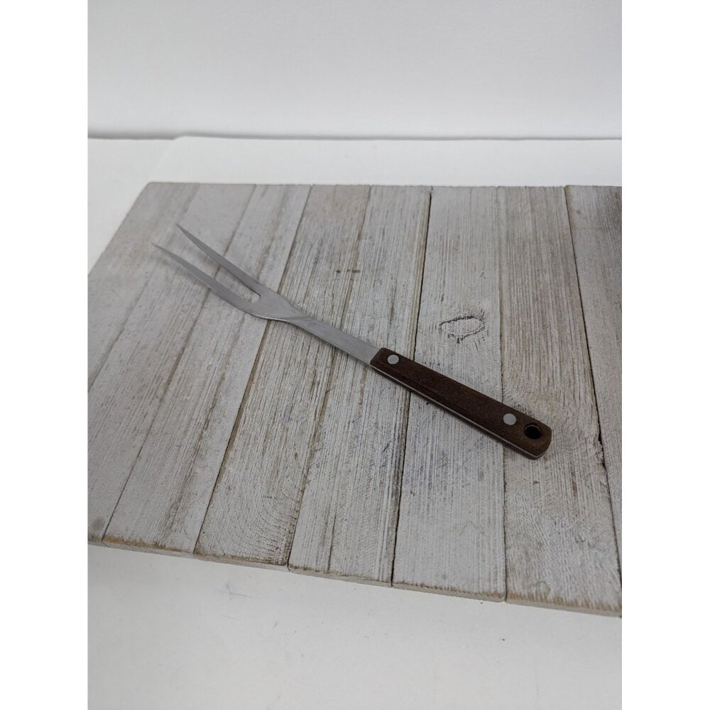 Vintage Pyramid #2 Stainless Steel 11 3/4" Meat Fork Red Brown Handle
